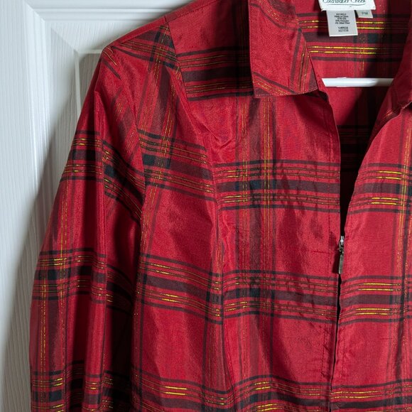 Coldwater Creek Women's Silk Red Gold Metallic Plaid Top Zip Front Petite Medium - Picture 8 of 16
